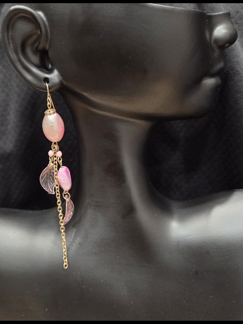 Fashion Pink Dangle Leaf Earrings - Gold Chain